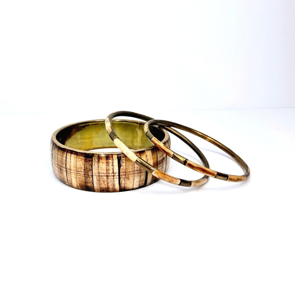 Boho Vintage Cream Inlaid Bone and Brass Bangle Set Stackable Statement Bracelet